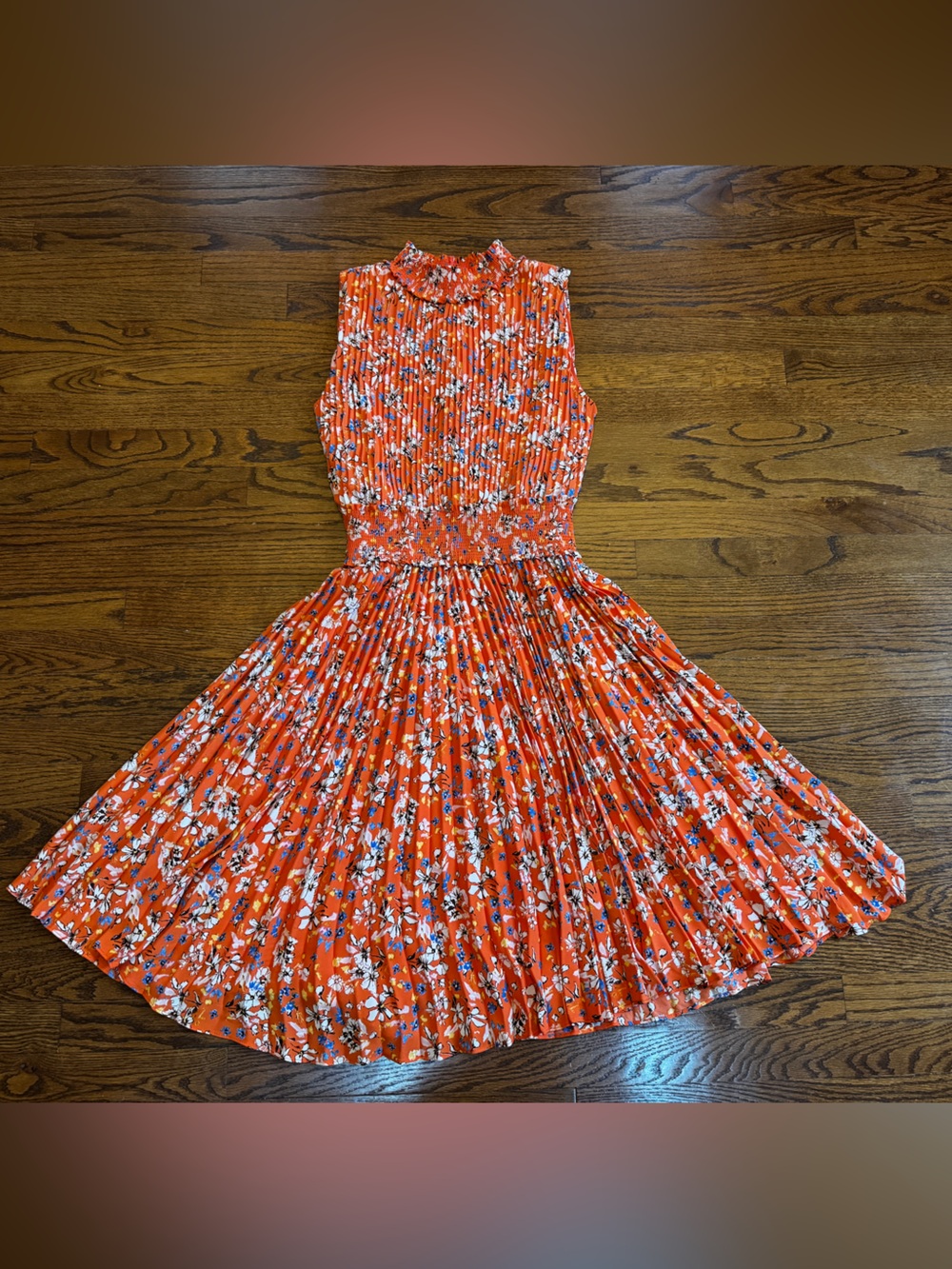 Nanette Lepore Orange Floral A-Line High Neck Pleated Smocked Lined Dress 10
